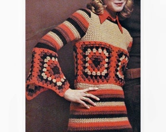 Vintage Crochet Pattern Granny Square Pullover Bell Sleeves Sweater PDF Instant Digital Download Bohemian Style Tunic Top S M L