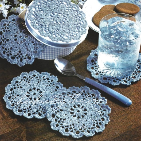 Patrón de crochet vintage: elegantes posavasos con flores, juego de 5, PDF, descarga digital instantánea, hilo de algodón absorbente para crochet, decoración del hogar.