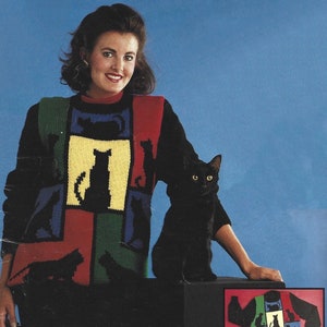 Vintage Knitting Pattern Black Cat Patchwork Sweater PDF Instant Digital Download Oversized Pullover Sweater Top Womens Clothing