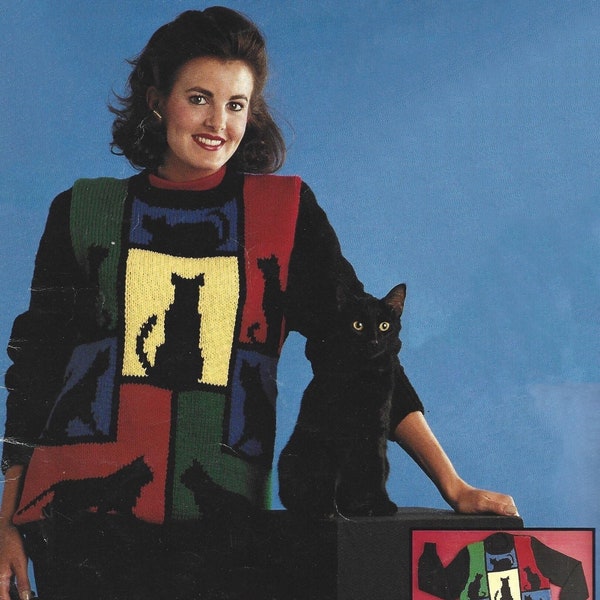 Vintage motif tricot chat noir patchwork pull PDF téléchargement numérique instantané pull surdimensionné haut pull vêtements pour femmes