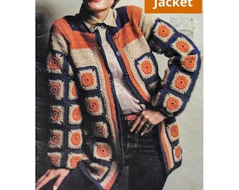 Vintage Häkelanleitung Oma Square Cardigan Jacke Retro Button Up Patchwork Pullover PDF Instant Digital Download Boho Mantel mit offener Vorderseite