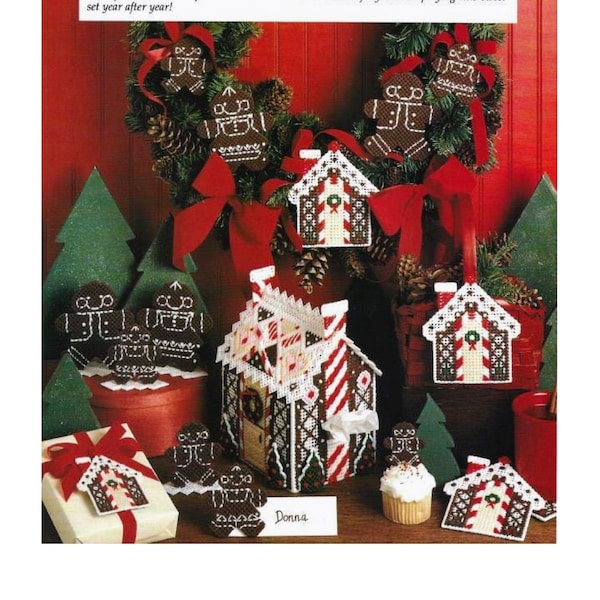 Plastic Canvas Gingerbread House and Gingerbread Family Pattern Coaster, Tissue Box Cover, Wreath, Gift Tag, Christmas Cottage PDF Download