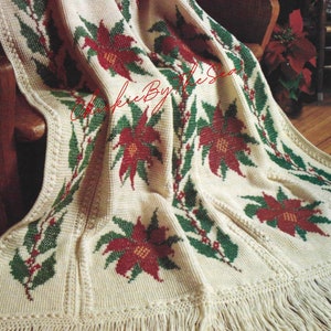 Vintage Christmas Crochet Pattern Poinsettia and Holly Afghan PDF Instant Digital Download Tunisian Stitch Throw Blanket Home Decor