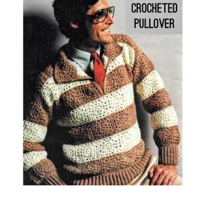 Vintage Crochet Pattern Mens Granny Square Pullover Sweater PDF Instant Digital Download Retro V-Neck Striped Jacket Shirt Mens Gift Idea