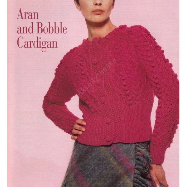 Vintage Knitting Pattern Aran Cropped Cardigan Sweater Top PDF Instant Digital Download Cable Knit Bobble Stitch Waist Length Top XS-L