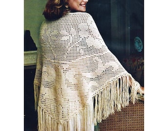 Vintage Filet Crochet Shawl Pattern: Boho Fringe Triangle Wrap (PDF Download)