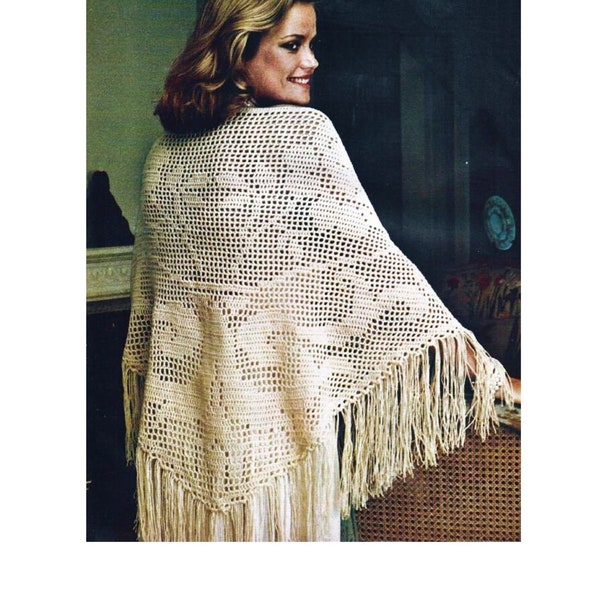 Vintage Crochet Pattern Boho Triangle Shawl Wrap with Fringe Stevie Nicks PDF Instant Digital Download Filet Crochet Pattern