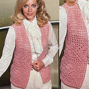 May include: A pink crocheted vest with a V-neck and a button fastening. The vest is made using a simple stitch pattern and has a relaxed fit.