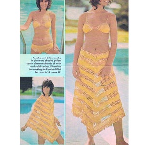 Vintage Crochet Pattern Swimsuit Bikini with Lacy Cover Up Poncho Skirt PDF Instant Digital Download Beachwear Bathing Suit Coverup Set