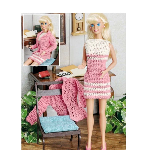 Vintage Crochet Pattern Barbie Doll At The Office Dress and Blazer Jacket Set Fashion Doll Outfit Clothes PDF Instant Digital Download