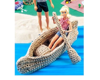 Vintage Crochet Barbie Boat and Canoe with Paddle Oar Imaginative Play PDF Instant Digital Download Fashion Doll Accessories