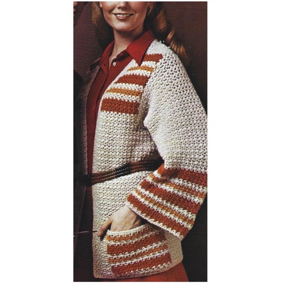 Vintage Crochet Pattern Cardigan Sweater with Pockets PDF Instant Digital Download Striped Wide Sleeve Open Front Sweater Jacket
