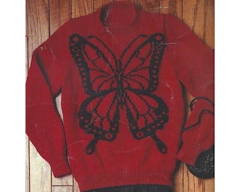 May include: A red sweater with a large black butterfly design on the front. The text "BUTTERFLY SWEATER" is displayed at the top of the image. The sweater has long sleeves and a round neckline.