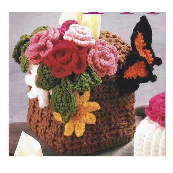 Tissue Box Cover Crochet Pattern Spring Bouquet Butterfly Rose Flowers Tissue Toppers Mothers Day PDF Instant Digital Download Vintage