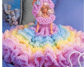 Vintage Crochet Pattern Barbie Doll Rainbow Ruffle Dress and Matching Hat Full Princess Skirt 20" Diameter PDF Instant Digital Download