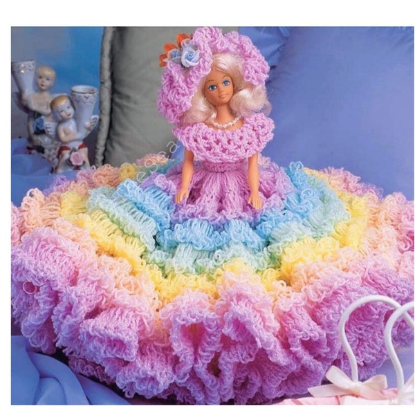 Vintage haakpatroon Barbie Doll Rainbow Ruffle Jurk en bijpassende hoed Volledige prinses rok 20" Diameter PDF Instant Digitale Download