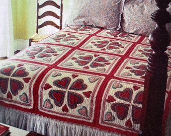 Vintage Crochet Pattern Heart Motif Afghan Blanket PDF Instant Digital Download Valentines Day Sweethearts Folk Art Bedspread Home Decor