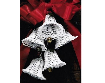 May include: A cluster of white crocheted bells with gold jingle bells hanging from a red satin bow.