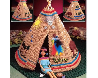 Patrón de crochet vintage para tipi nativo americano (PDF, descarga digital instantánea). Tipi indio con búfalo celestial, juguetes para niños.