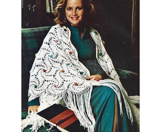 Vintage Crochet Pattern Lacy Boho Triangle Shawl with Fringe PDF Instant Digital Download Stevie Nicks Pinwheel Embroidered Roses Wrap 60x40