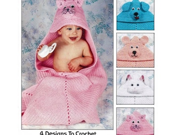 Vintage Crochet Pattern Hooded Baby Blanket Pattern PDF Instant Digital Download Baby Prop Blanket 4 Designs Dog Bear Bunny Rabbit Kitty Cat