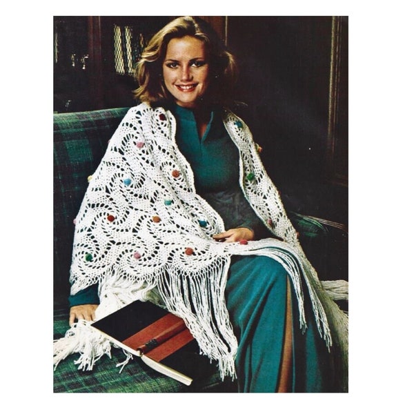Vintage Crochet Pattern Lacy Boho Triangle Shawl with Fringe PDF Instant Digital Download Stevie Nicks Pinwheel Embroidered Roses Wrap 60x40