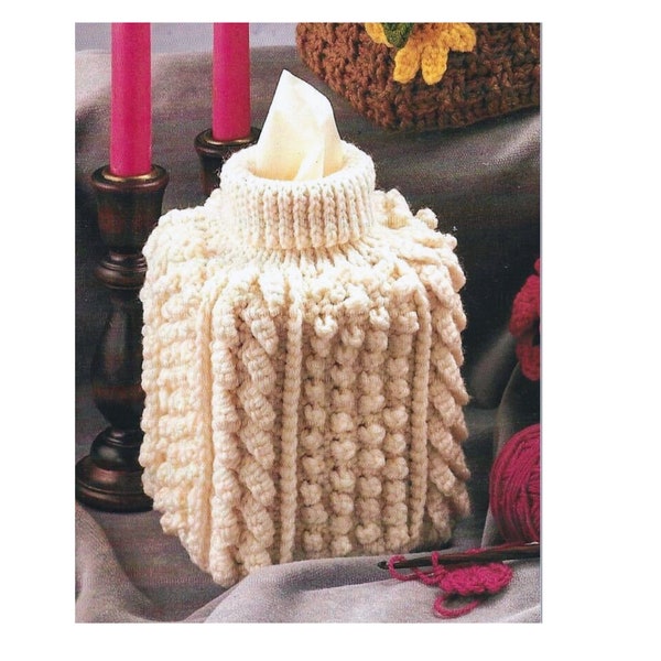 Vintage Crochet Pattern Fisherman Sweater Tissue Box Cover PDF Instant Digital Download Aran Style Tissue Toppers Home Decor