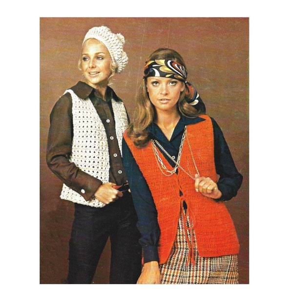 Vintage Crochet Pattern Safari Waistcoat Cardigan Vest & Matching Tam Hat PDF Instant Digital Download Knitting Pattern Tie Front Vest Top