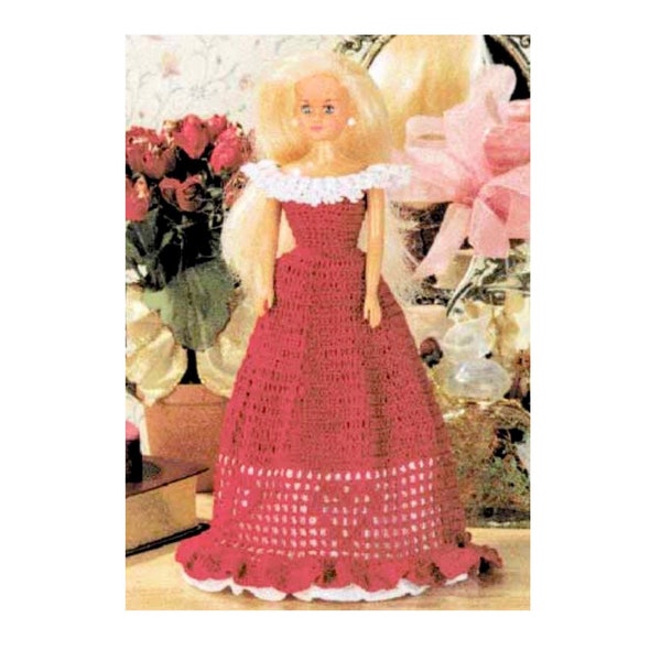 Vintage Crochet Pattern Barbie Doll Valentines Day Red Dress Off the Shoulder Sweetheart Fashion Doll Dress PDF Instant Digital Download