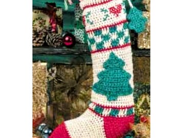 Vintage Häkelanleitung Fair Isle Weihnachtsstrumpf PDF Sofortiger Digitaler Download Weihnachtsbaum und Herzen Urlaub Wohnkultur