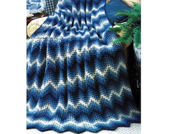 Vintage Crochet Pattern Lacy Ripple Afghan PDF Instant Digital Download Lacey Blue and White Chevron Stripe Throw Blanket Home Decor