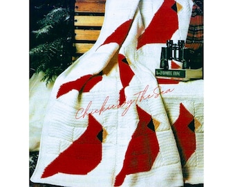 Vintage Crochet Quilt Afghan Pattern Patchwork Christmas Cardinal Blanket PDF Instant Digital Download Holiday Throw Blanket Home Decor