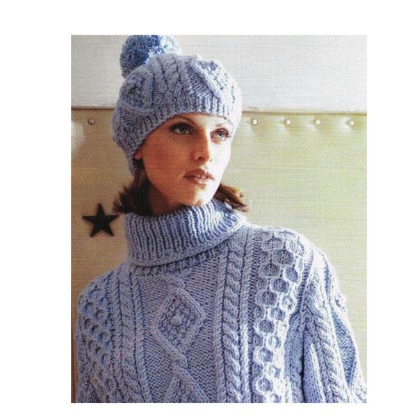 Vintage Knitting Pattern Aran Turtleneck Sweater and Matching Hat PDF Instant Download Chunky Cable Knit Sweater Pom Pom Ski Cap