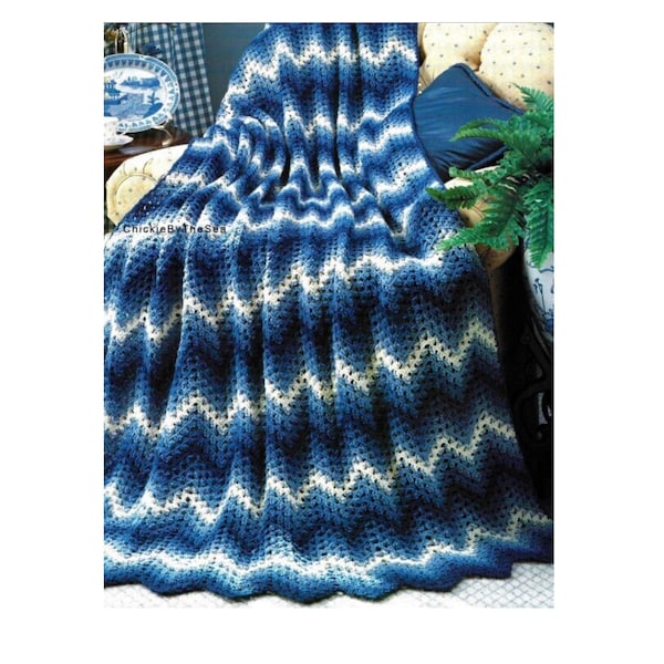 Vintage Crochet Pattern Lacy Ripple Afghan PDF Instant Digital Download Lacey Blue and White Chevron Stripe Throw Blanket Home Decor