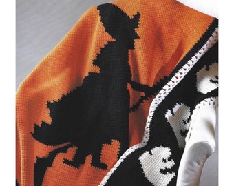Vintage Crochet Halloween Afghan Pattern Witch Ghosts and Bats PDF Instant Digital Download Home Decor Throw Blanket