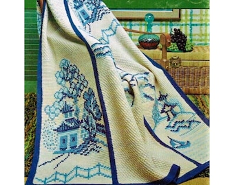 Vintage Crochet Pattern Nautical Decor Afghan Blanket PDF Instant Digital Download Ocean Lighthouse Embroidery Sailboat Throw 60x74