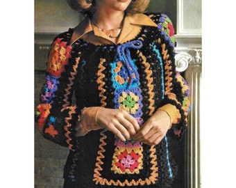 Vintage Crochet Pattern Granny Square Motif Pullover Sweater PDF Instant Digital Download Retro 70s Wide Sleeves Floral Blouse Top Shirt