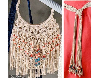 Sac à main bohème vintage au crochet avec perles, franges et ceinture à nouer PDF Téléchargement numérique instantané Hobo seau sac à main sac de plage