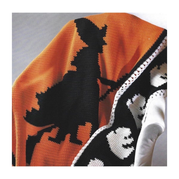 Vintage Crochet Pattern Halloween Afghan Witch Ghosts and Bats PDF Instant Digital Download Autumn Fall Orange & Black Throw Blanket