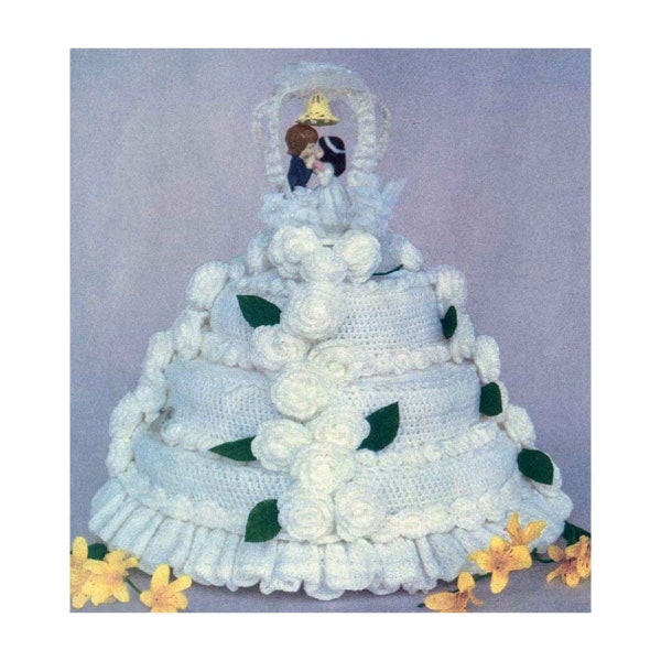Vintage Crochet Pattern Wedding Cake 3 Tiers Crocheted Rose Flowers and Ruffle Trim PDF Instant Digital Download Baby Yarn