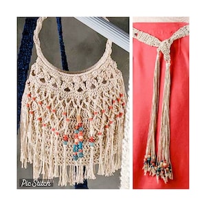 Vintage Crochet Pattern Bohemian Beaded Handbag with Fringe and Tie Belt Set PDF Instant Digital Download Hobo Bucket Purse Beach Bag
