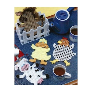 Plastic Canvas Pattern Farm Animal Coasters Holder Set of 4 Horse Duck Chicken Cow PDF Instant Digital Download Drink Coasters Home Decor