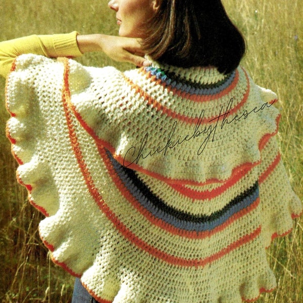 Vintage Crochet Pattern Double Ruffle Rainbow Shawl PDF Instant Digital Download Womens Retro Wrap Around Poncho Sweater Cape