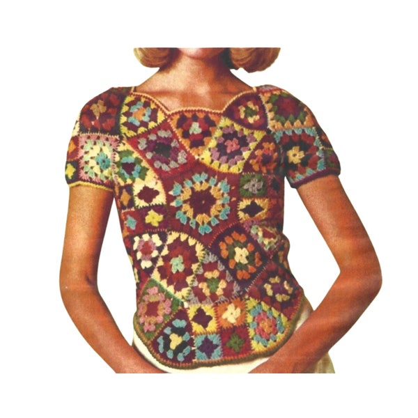 Vintage Crochet Pattern Granny Square Stained Glass Fitted Top PDF Instant Digital Download Multi Color Granny Square Sampler Shirt S/M