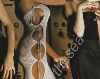 Vintage 70s 80s Easy Knit Pattern Womens Sexy Long Dress PDF Instant Digital Download Hippie Bohemian Festival Peekaboo Wild Dress Ties