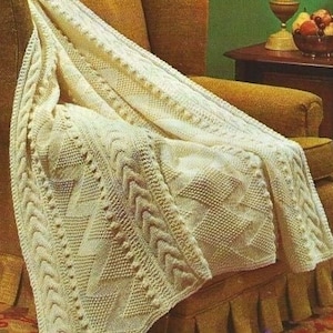 Vintage Knitting Pattern Aran Fisherman Afghan Blanket PDF Instant Digital Download Braid Chevron Zigzag Design Throw 54x62 Home Decor