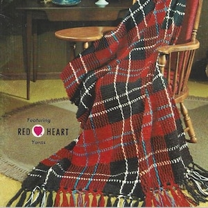 Vintage Crochet Pattern Ramsey Clan Tartan Afghan Blanket PDF Instant Digital Download Classic Red Plaid Fringe Throw Valntines Day Gift