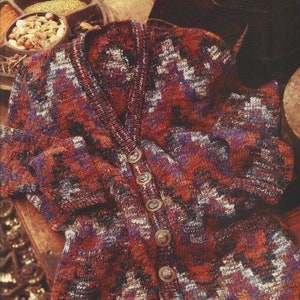 May include: A brown, blue, and white patterned cardigan with a v-neck and button closure.