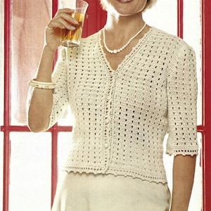 Patrón de crochet vintage para chaleco calado, cárdigan, top, PDF, descarga digital instantánea, blusa ligera con cuello en V para verano