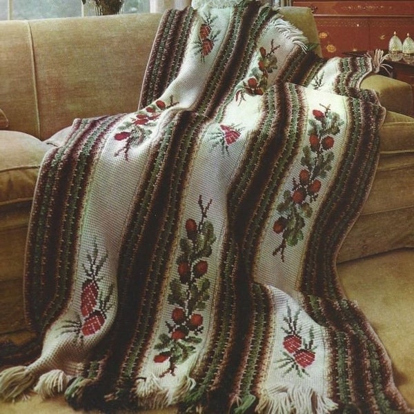 Vintage Tunisian Crochet Pattern Fall Autumn Afghan Blanket PDF Instant Digital Download Elegant Retro Embroidery Motif Throw 43x74